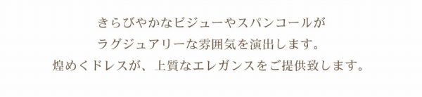 きらびやかなビジューやスパンコールがラグジュアリーな雰囲気を演出します。煌めくドレスが、上質なエレガンスをご提供いたします。
