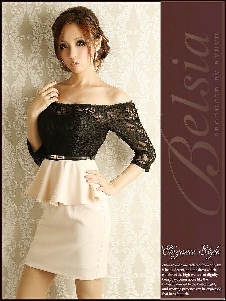【Belsia】ベルト付袖付きペプラムミニドレスワンピ*オフショルレースで上品LADY