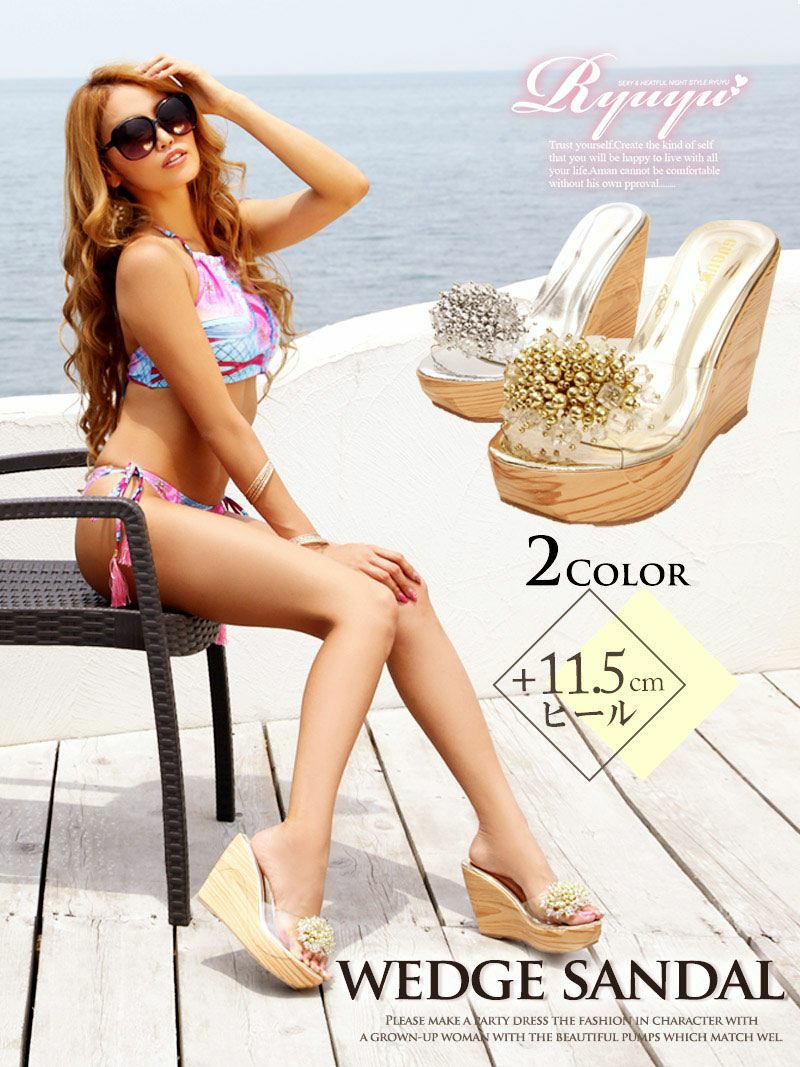 ビーズ付ウェッジソール厚底ビーチサンダル デイリーok!カジュアルサンダル