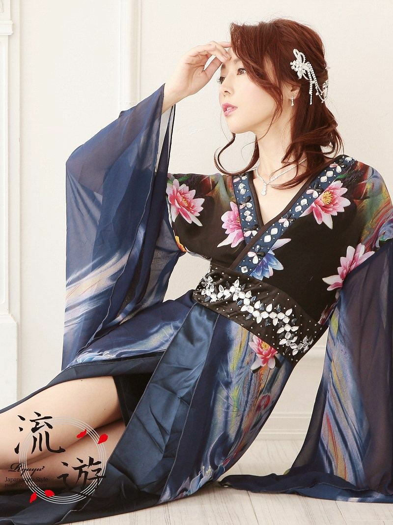 和柄ドレスキャバ花魁!和嬢天女しなやかシフォン着物ドレスキャバクラ