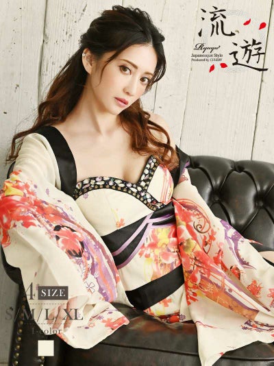 ベアデザイン和華柄シフォン和柄ドレス 加賀美早紀 着用 着物ドレス【流遊】(S/M/L/XL)(オフホワイト)