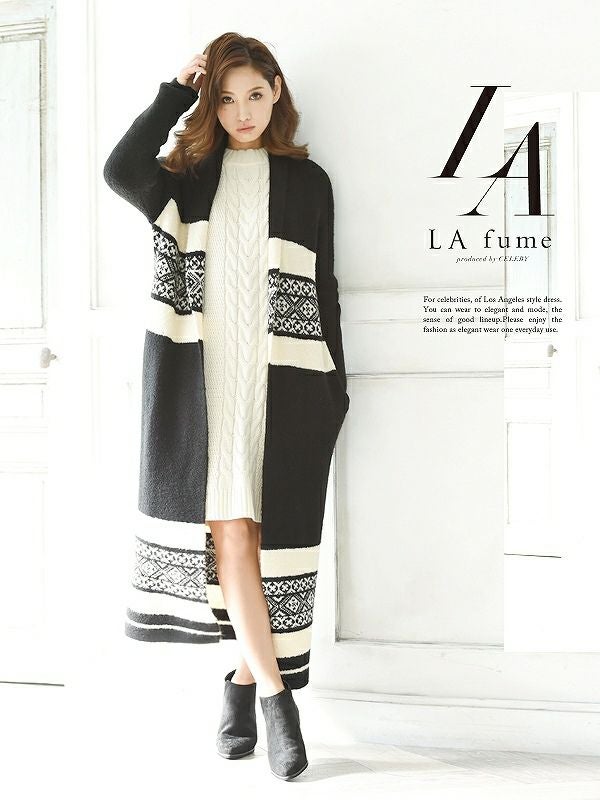 【LAfume】ロングニットコーディガン オルテガ柄Mixボーダーロングカーディガン キャバニットカーディガン ラフューム ryuyu