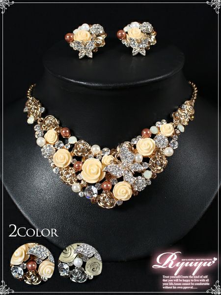 存在感◎フラワーローズとオパール宝石ビジューネックレス＆ピアス2点set