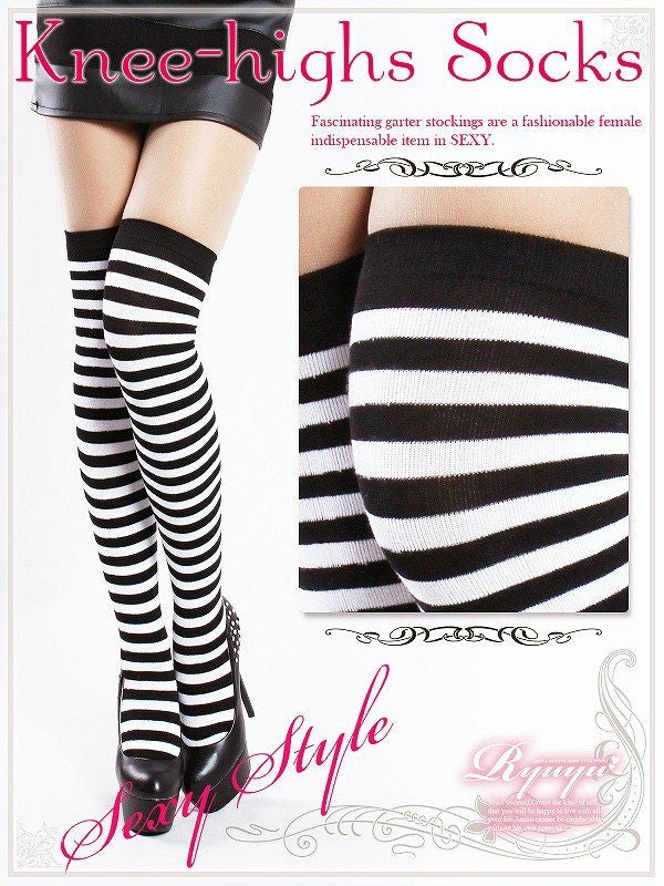 【メール便対応】 キャバコスプレに◎ボーダーニーハイソックス/デイリーもコスプレもお目立ちニーハイソックス