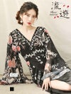 ブラック×花柄シフォン袖付き和柄ドレス 加賀美早紀 着用キャバドレス【流遊/りゅうゆう】