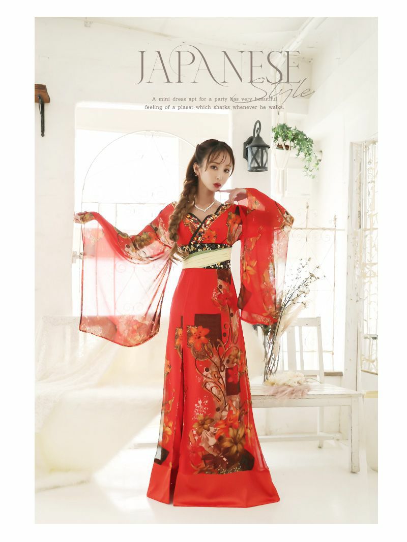 大きめサイズSALE￥19800→￥15840！ 妖艶赤色百合柄シフォン和柄