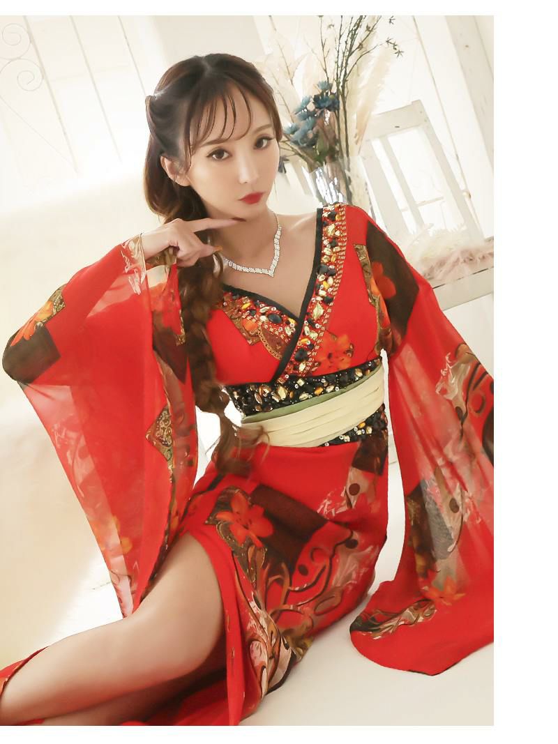 妖艶赤色百合柄シフォン和柄ドレス 武田静加 着用 花魁ドレス【流遊