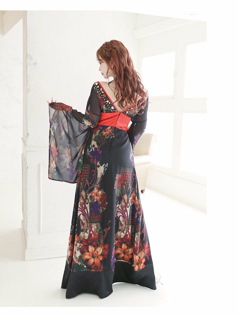 花魁シフォン百合柄スリット着物ドレス キャバドレス和柄ロングドレス