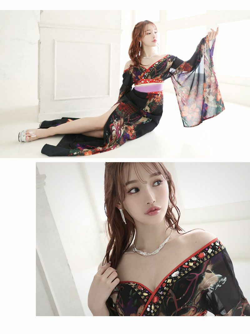 花魁シフォン百合柄スリット着物ドレス キャバドレス和柄ロングドレス