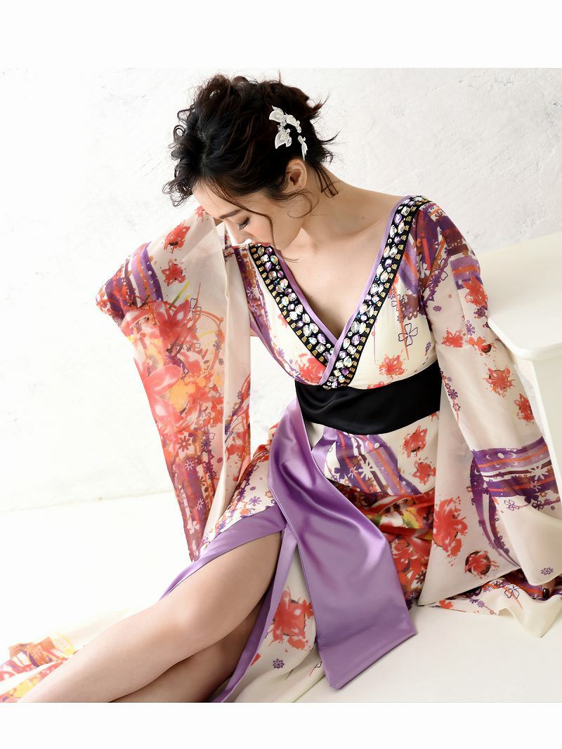 華やか和柄シフォン着物ドレスキャバクラ花魁ロングドレス【流遊】(S/M