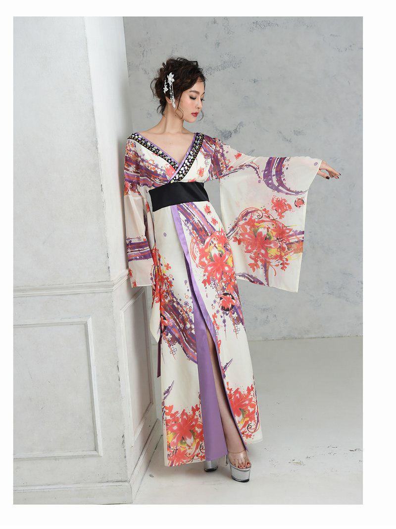 華やか和柄シフォン着物ドレスキャバクラ花魁ロングドレス【流遊】(S/M