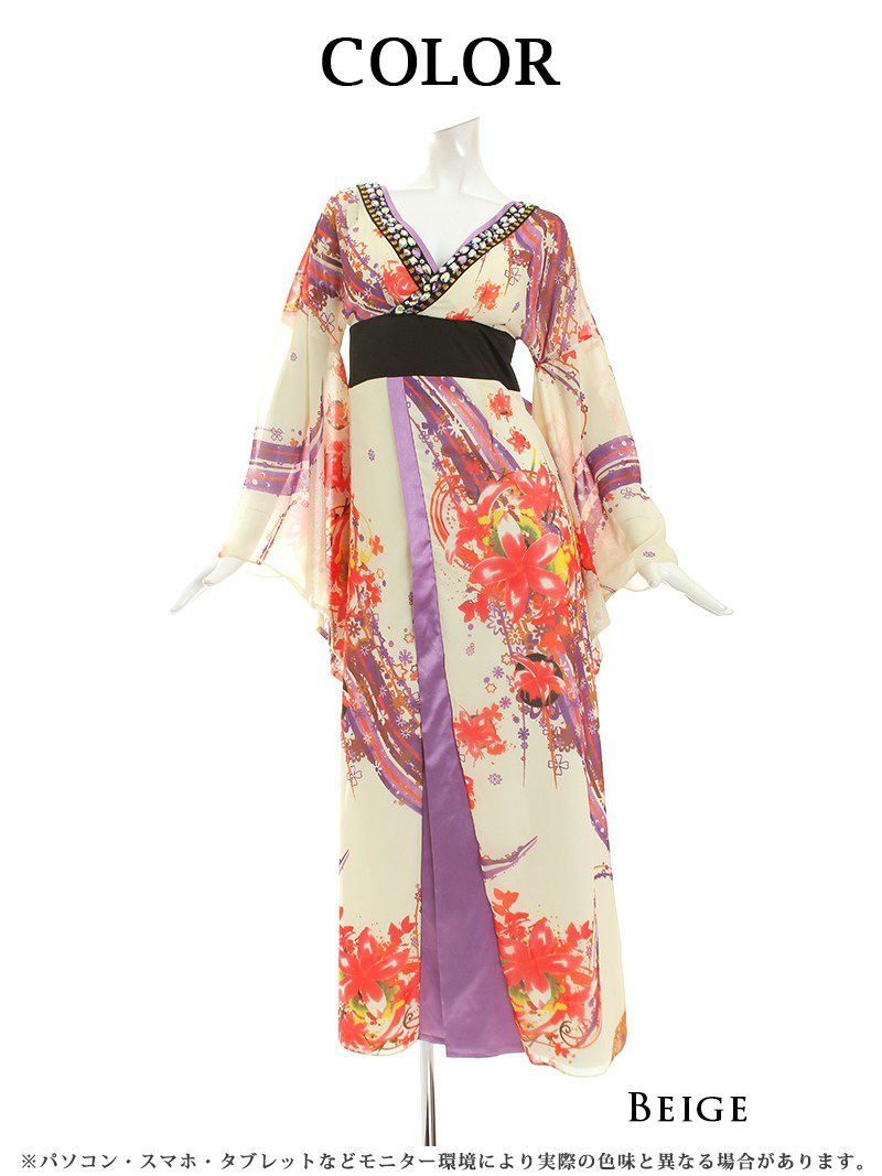 華やか和柄シフォン着物ドレスキャバクラ花魁ロングドレス【流遊】(S/M