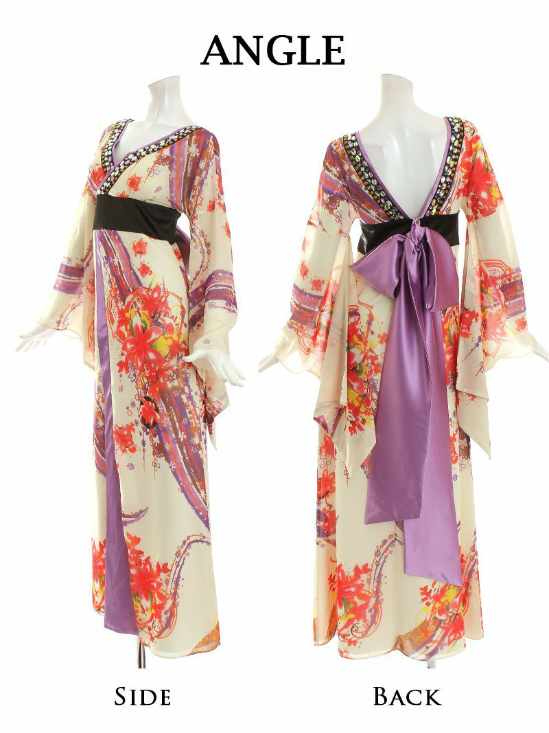 華やか和柄シフォン着物ドレスキャバクラ花魁ロングドレス【流遊】(S/M