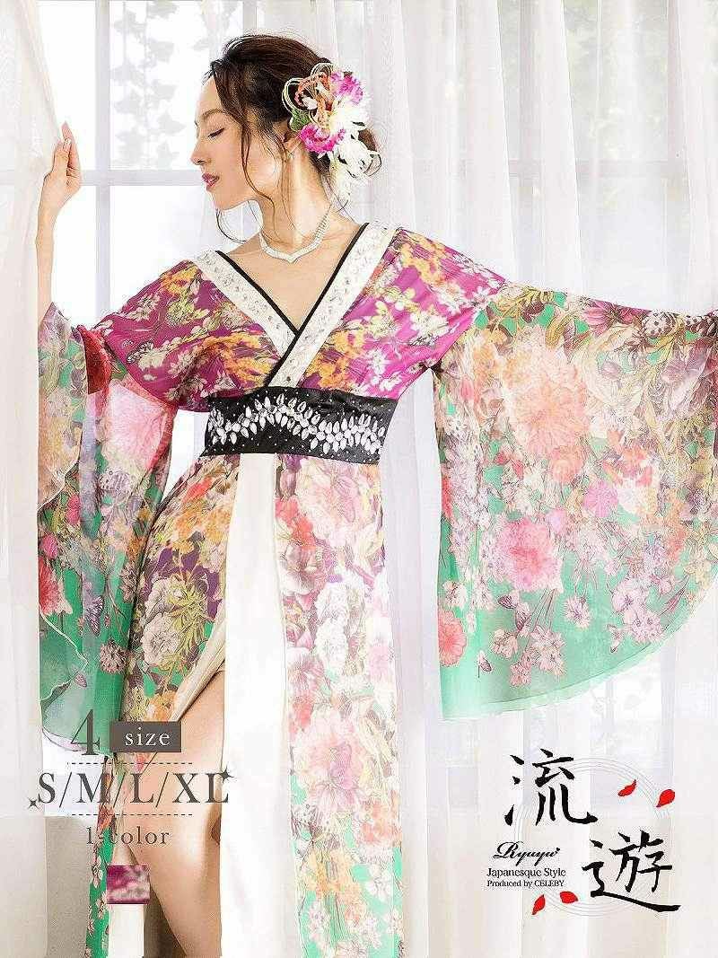 グラデーション和華柄シフォン着物ドレス【流遊】(S/M/L/XL)(グリーン)