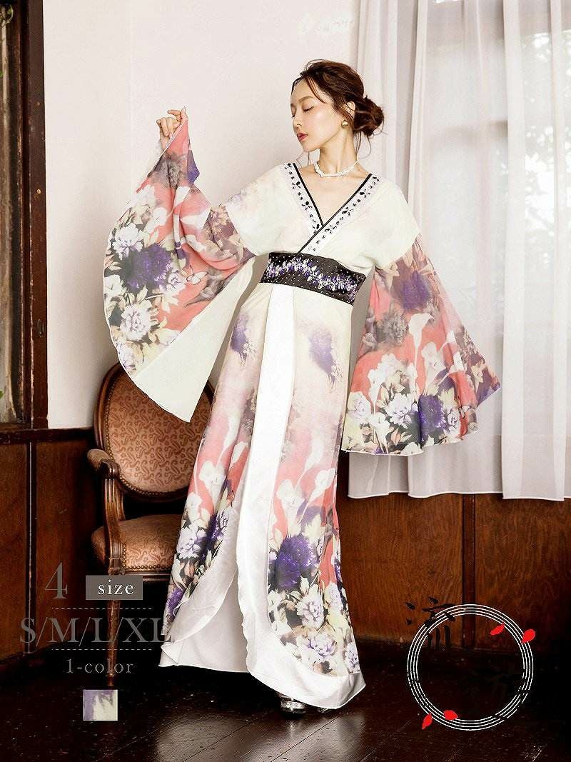 妖艶ぼかし花柄シフォン和柄ドレス【流遊】(S/M/L/XL)(イエロー)