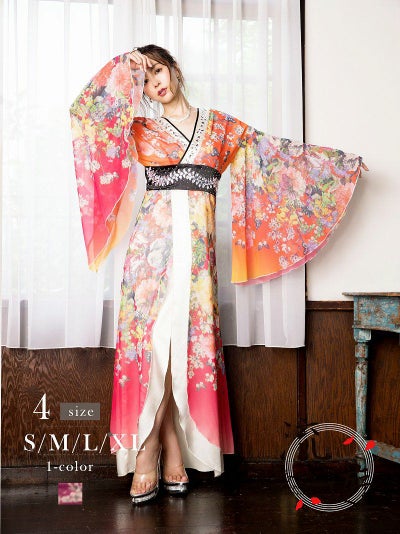 先行予約割￥13800→￥13385！※予約販売※華やか和華柄シフォン着物ドレス【流遊】(S/M/L/XL(2L))(レッド)