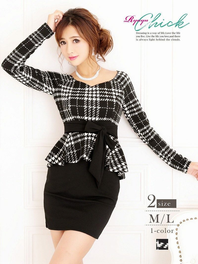千鳥格子ペプラム長袖キャバワンピース青木りえ 着用キャバドレス【RyuyuChick/リューユチック】(M/L)(千鳥柄)