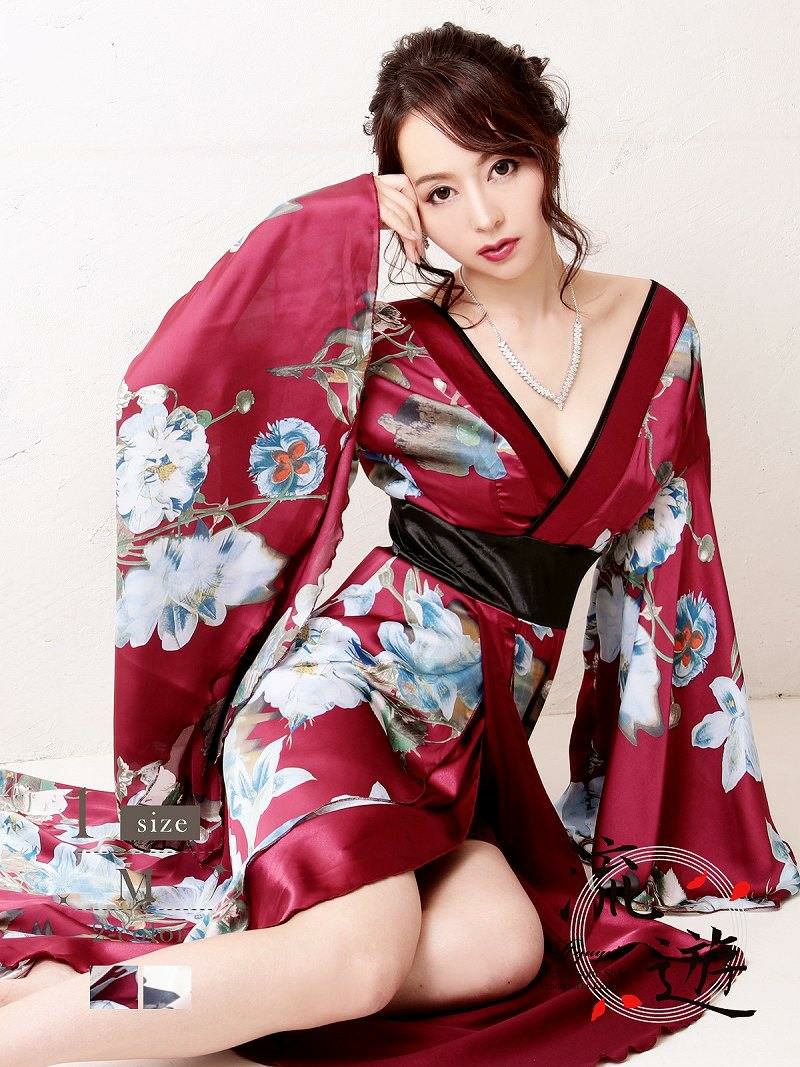 Ryuyu 流遊 和柄ロングドレス キャバドレス 大人elegantロング和柄ドレス【流遊】(M)(オフホワイト/ワインブルー)