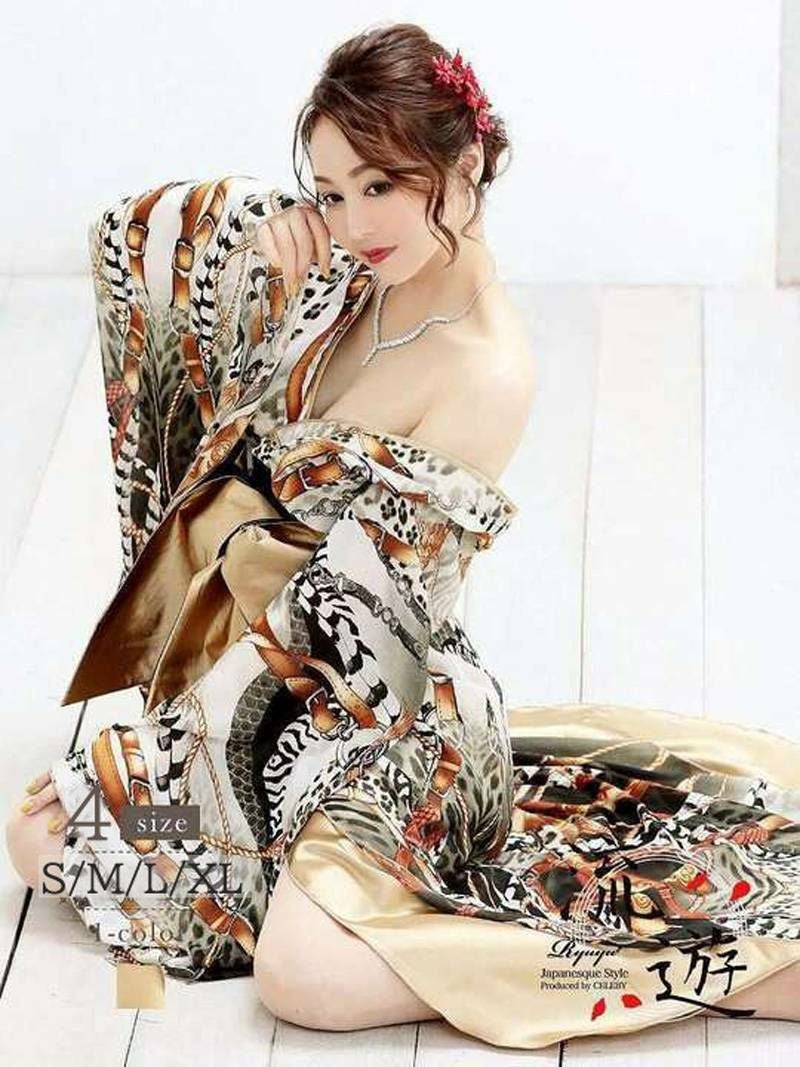 アニマルスカーフ柄シフォン花魁ドレス【流遊】(S/M/L/XL)(ゴールド)