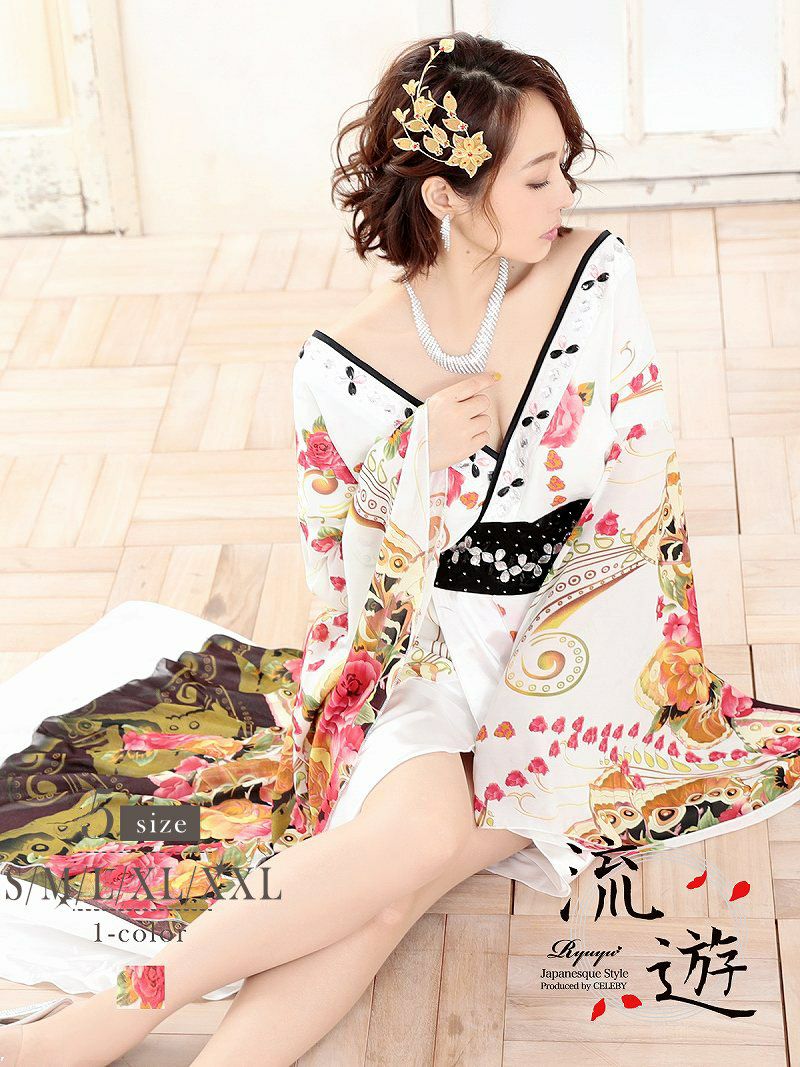 花柄シフォン和華柄ロングドレスキャバクラ花魁着物ドレス【流遊】(S/M