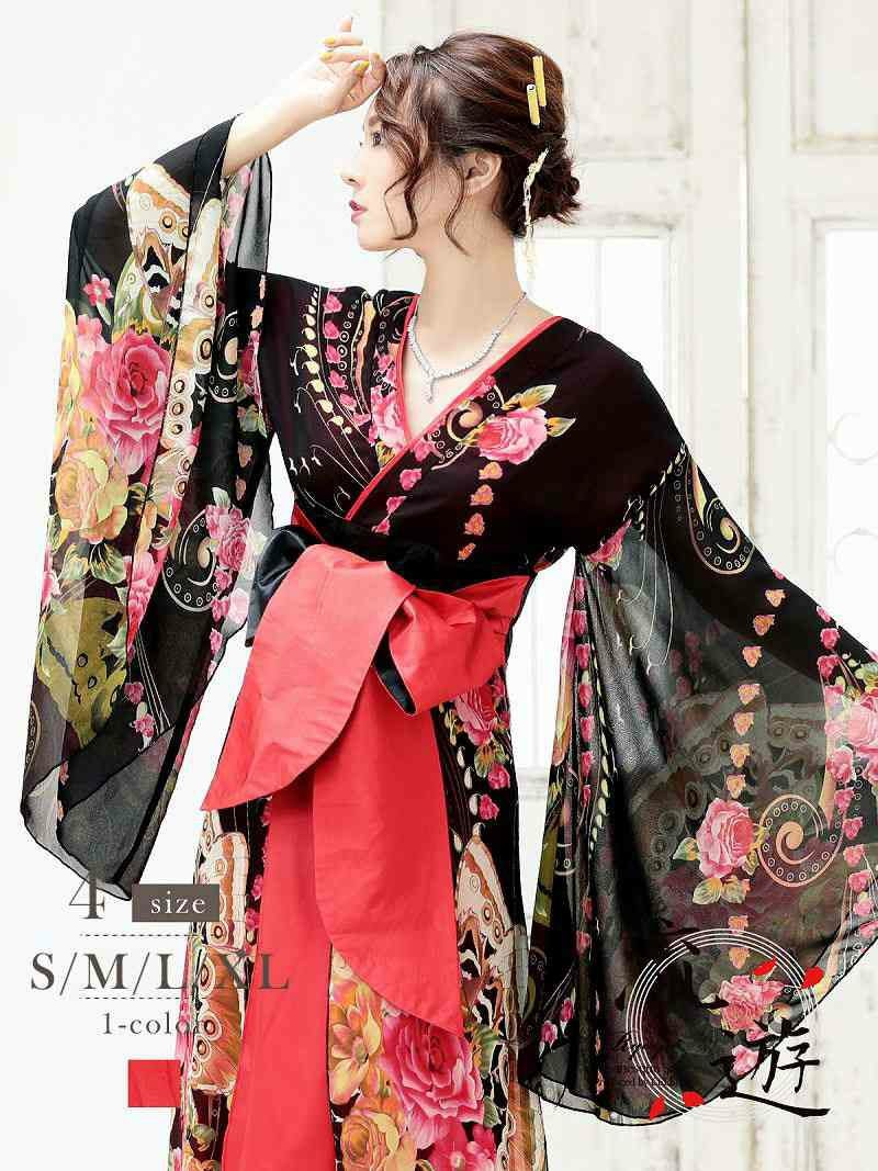 花柄シフォン袖和柄ロングドレス【流遊】(S/M/L/XL)(レッド)