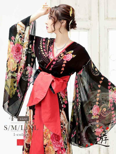 先行予約割￥12800→￥12415！※予約販売※花柄シフォン袖和柄ロングドレス【流遊】(S/M/L/XL(2L))(レッド)