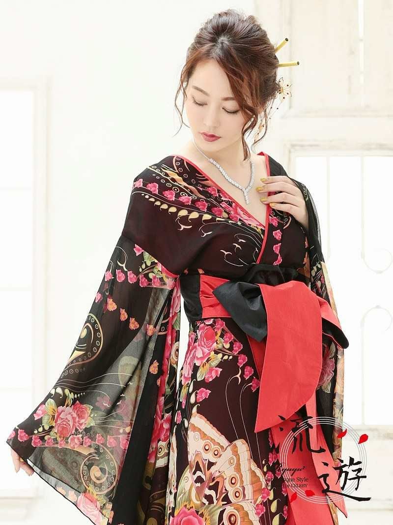花柄シフォン袖和柄ロングドレス【流遊】(S/M/L/XL)(レッド)