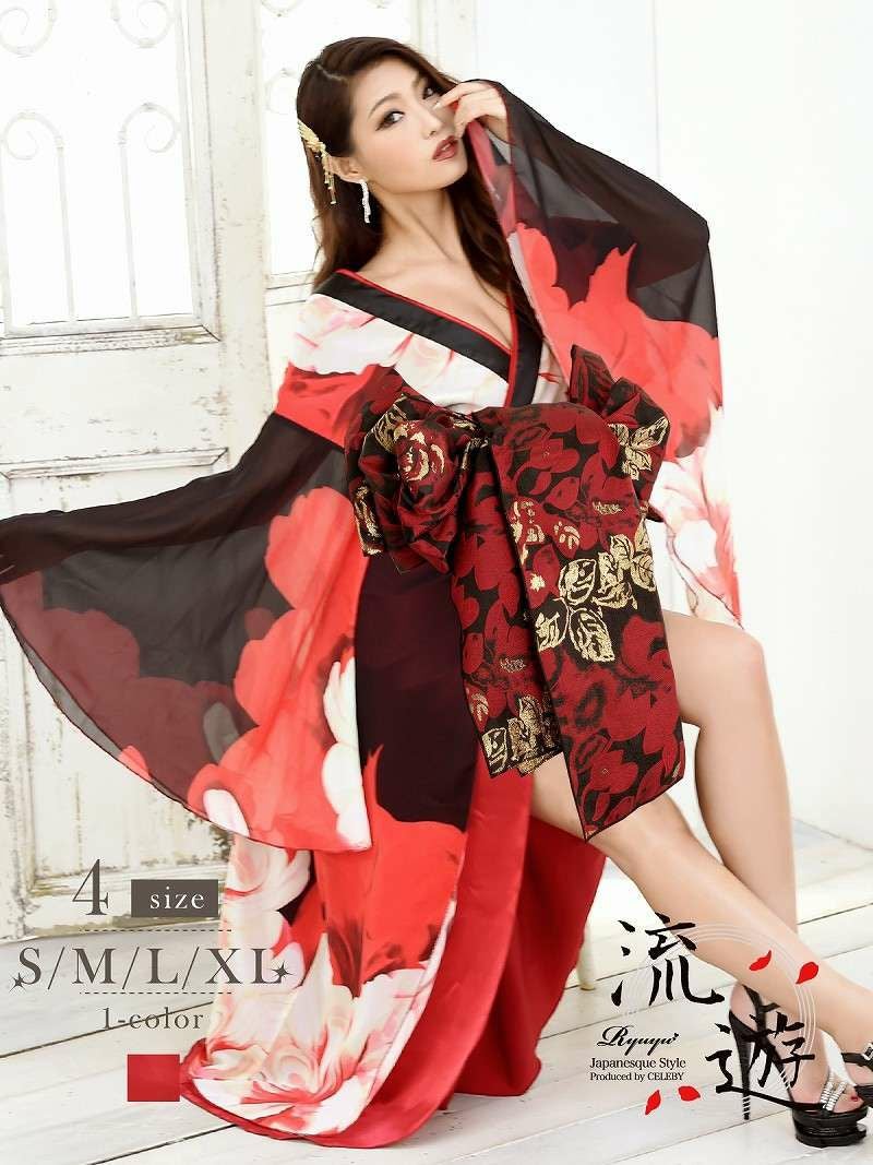 和華柄青地本格花魁和柄ドレス【流遊】(M/L)(ブルー)