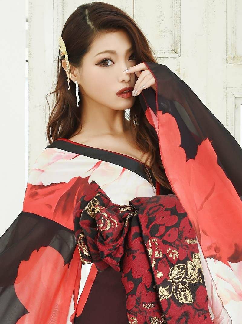 盛り帯花柄シフォン花魁和柄ドレス【流遊】(S/M/L/XL(2L))(レッド)