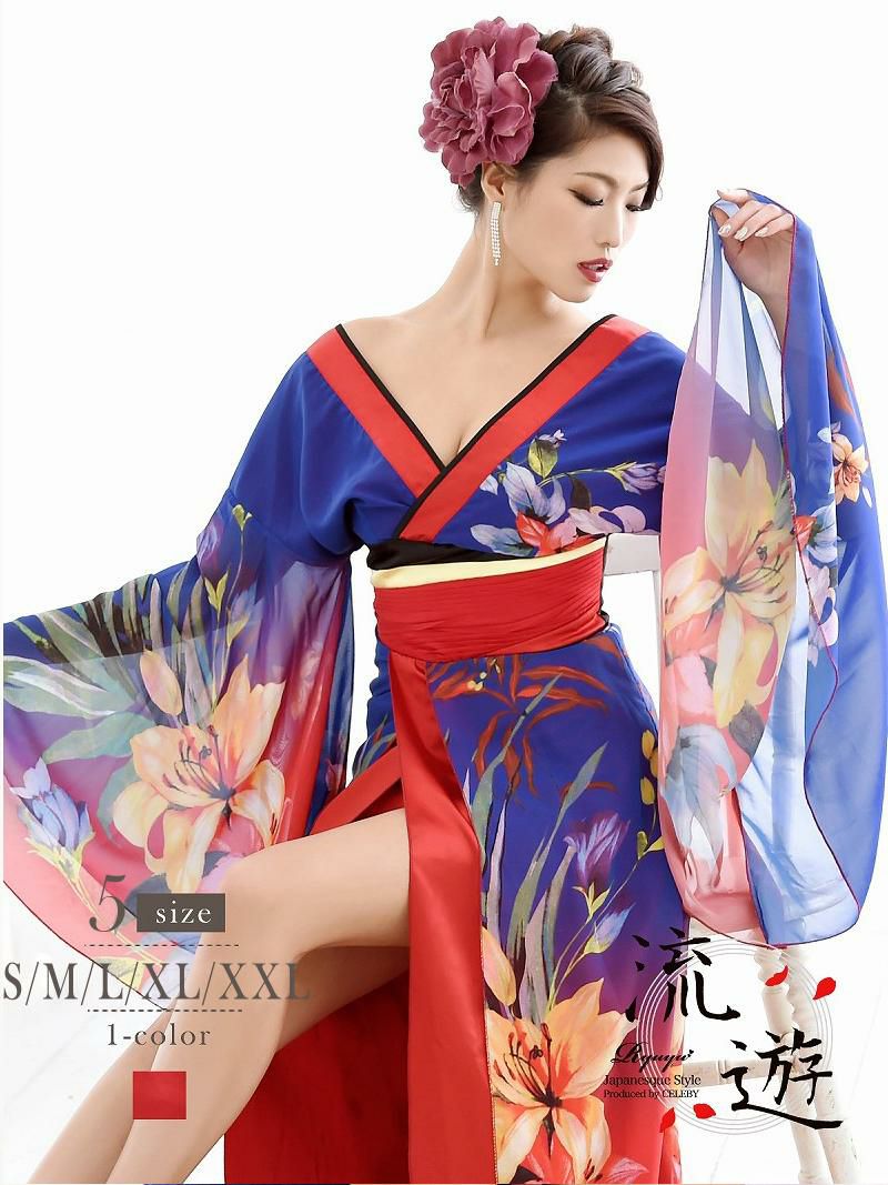 着物風ドレス　シフォンロングドレス　花魁ドレス　ブルー　RYUYU 流遊 妖艶遊女花魁和柄ドレス【流遊】(M/L)(レッド)