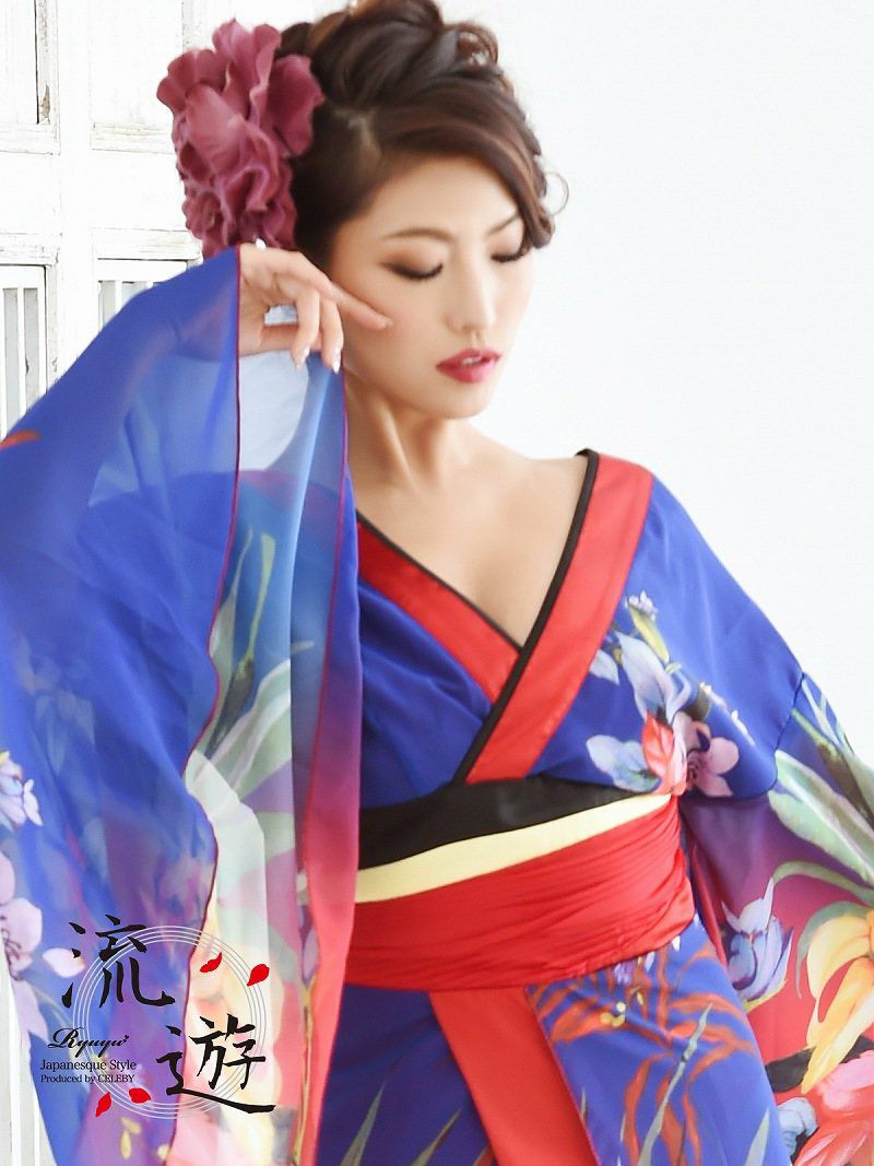着物風ドレス　シフォンロングドレス　花魁ドレス　ブルー　RYUYU 流遊 オリエンタル花柄シフォン花魁和柄ドレス【流遊】(S/M/L/XL/XXL)(ネイビー)