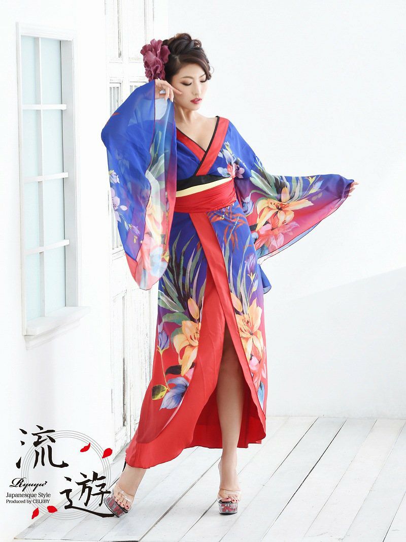 ♥D Ryuyu 花柄シフォン袖和柄ロングドレス【流遊】XL(レッド) オリエンタル花柄シフォン花魁和柄ドレス【流遊】(S/M/L/XL/XXL)(ネイビー)