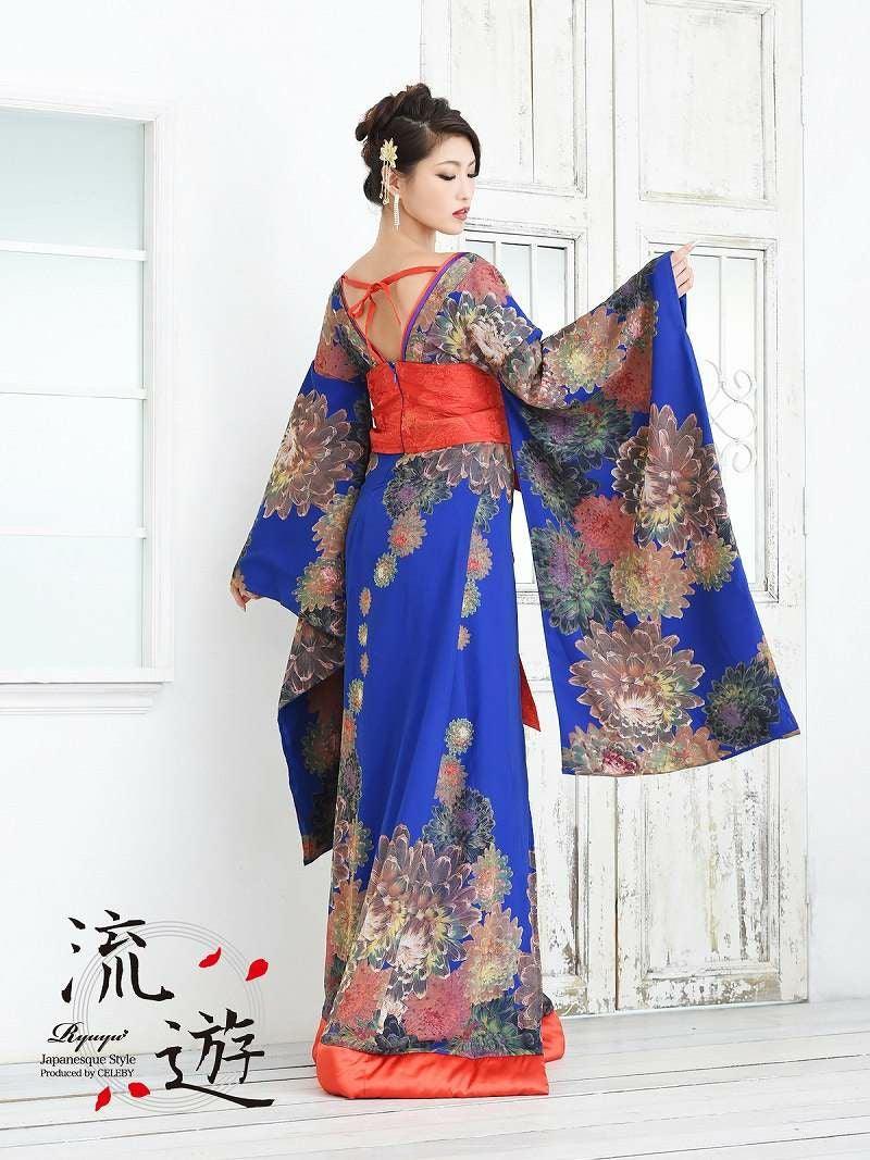 着物風ドレス　シフォンロングドレス　花魁ドレス　ブルー　RYUYU 流遊 和華柄青地本格花魁和柄ドレス【流遊】(M/L)(ブルー)