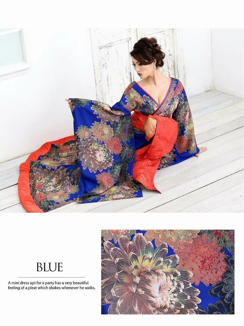 和華柄青地本格花魁和柄ドレス【流遊】(M/L)(ブルー) 和華柄青地本格花魁和柄ドレス【流遊】(M/L)(ブルー)