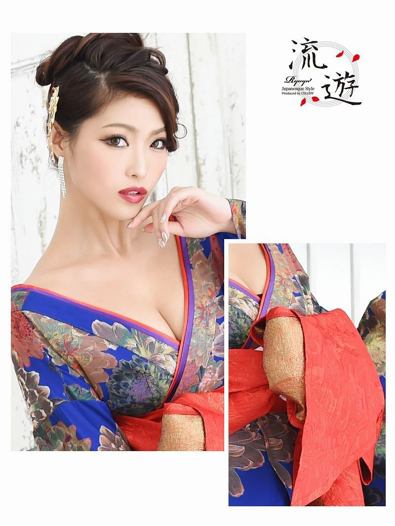 和華柄青地本格花魁和柄ドレス【流遊】(M/L)(ブルー)