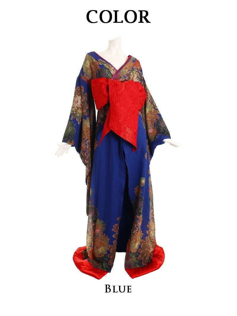 和華柄青地本格花魁和柄ドレス【流遊】(M/L)(ブルー)