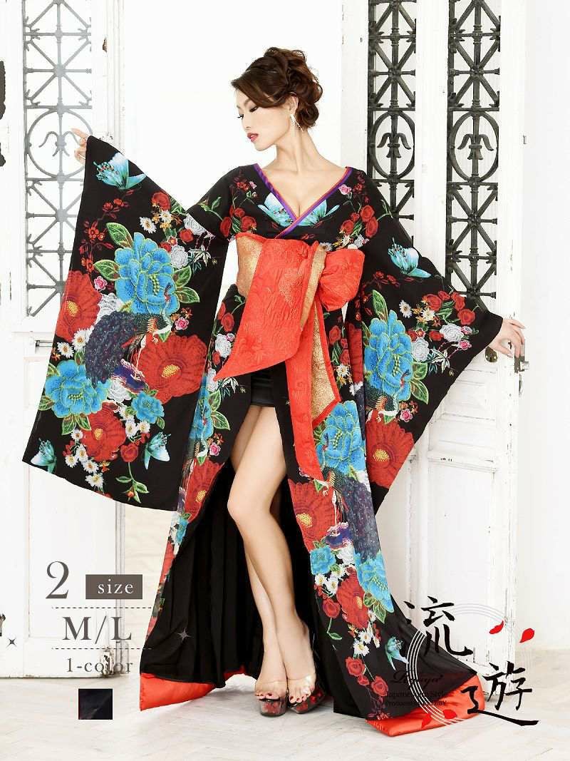 花柄盛り帯肌魅せレッド花魁着物ドレス　和柄ドレス【流遊】(L)(レッド) 花柄盛り帯肌魅せレッド花魁着物ドレス 加賀美早紀 着用和柄ドレス【流