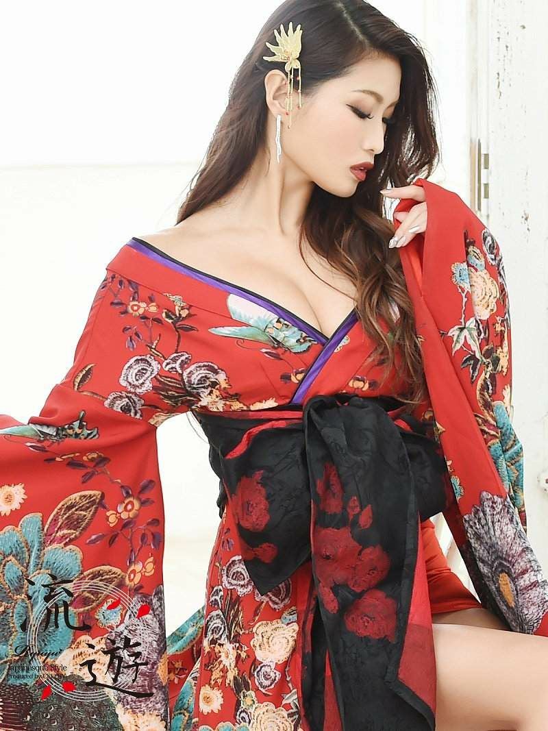 妖艶遊女花魁和柄ドレス【流遊】(M/L)(レッド)