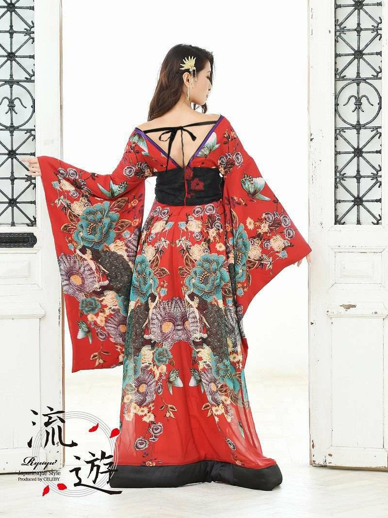 妖艶遊女花魁和柄ドレス【流遊】(M/L)(レッド)