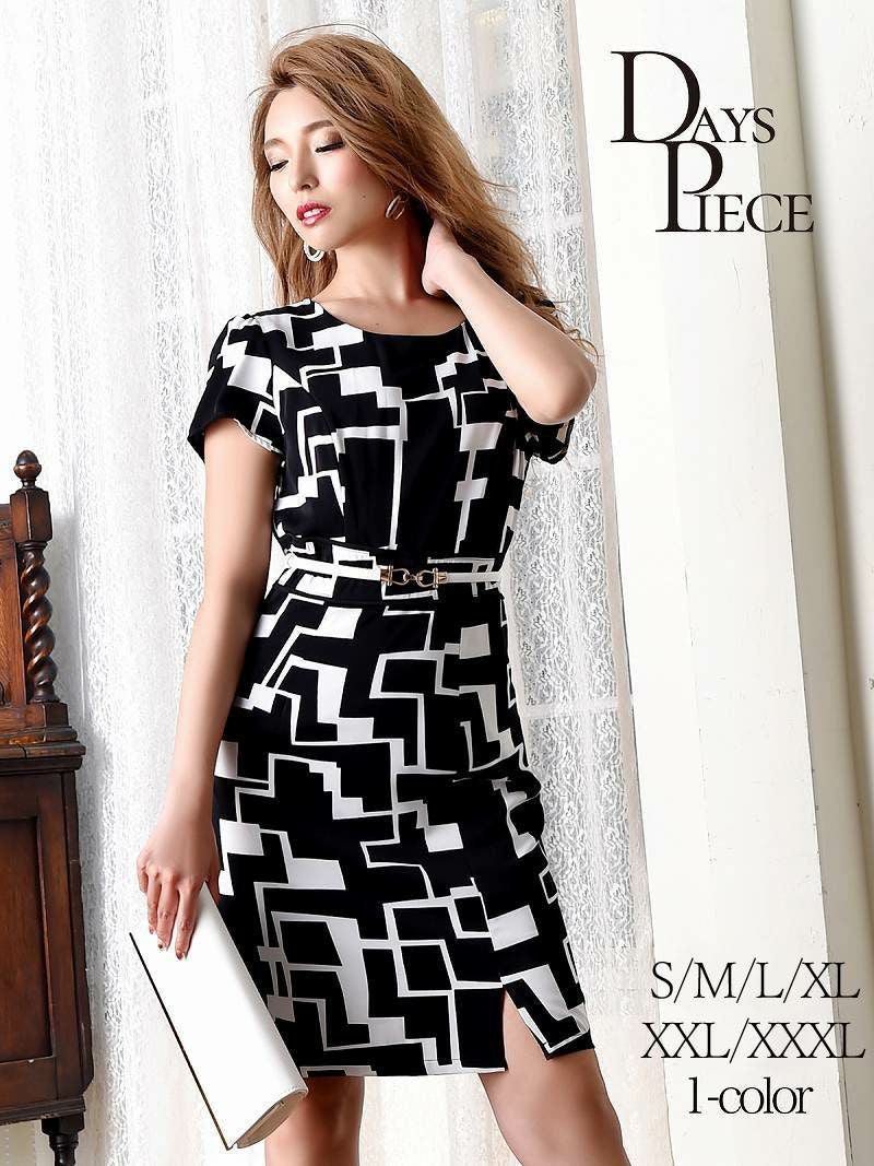 大きいサイズ完備!!幾何学柄膝丈キャバクラドレス【DAYS PIECE】袖付きモノトーンスリットタイトキャバワンピース【デイズピース】