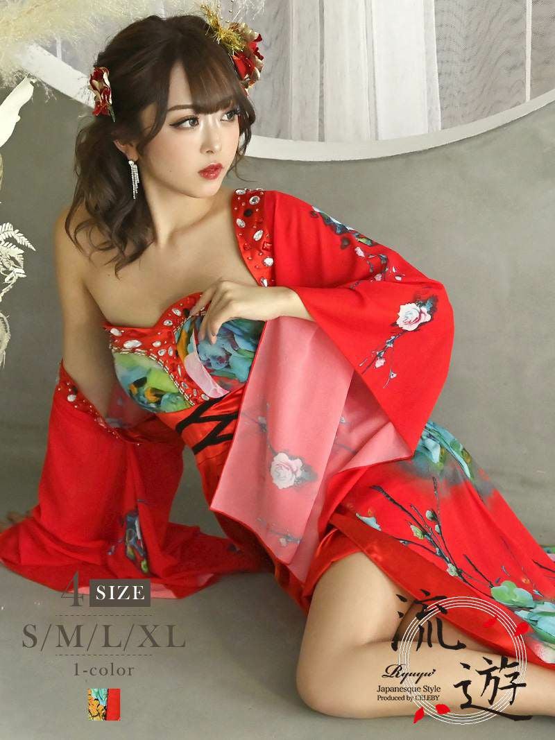 ♥D Ryuyu 花柄シフォン袖和柄ロングドレス【流遊】XL(レッド) 花柄シフォン袖和柄ロングドレス【流遊】(S/M/L/XL)(レッド)