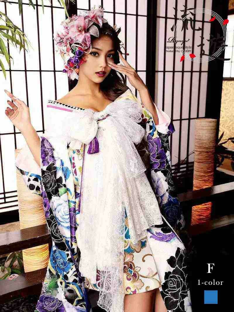 花柄シフォン袖和柄ロングドレス【流遊】(S/M/L/XL)(レッド)