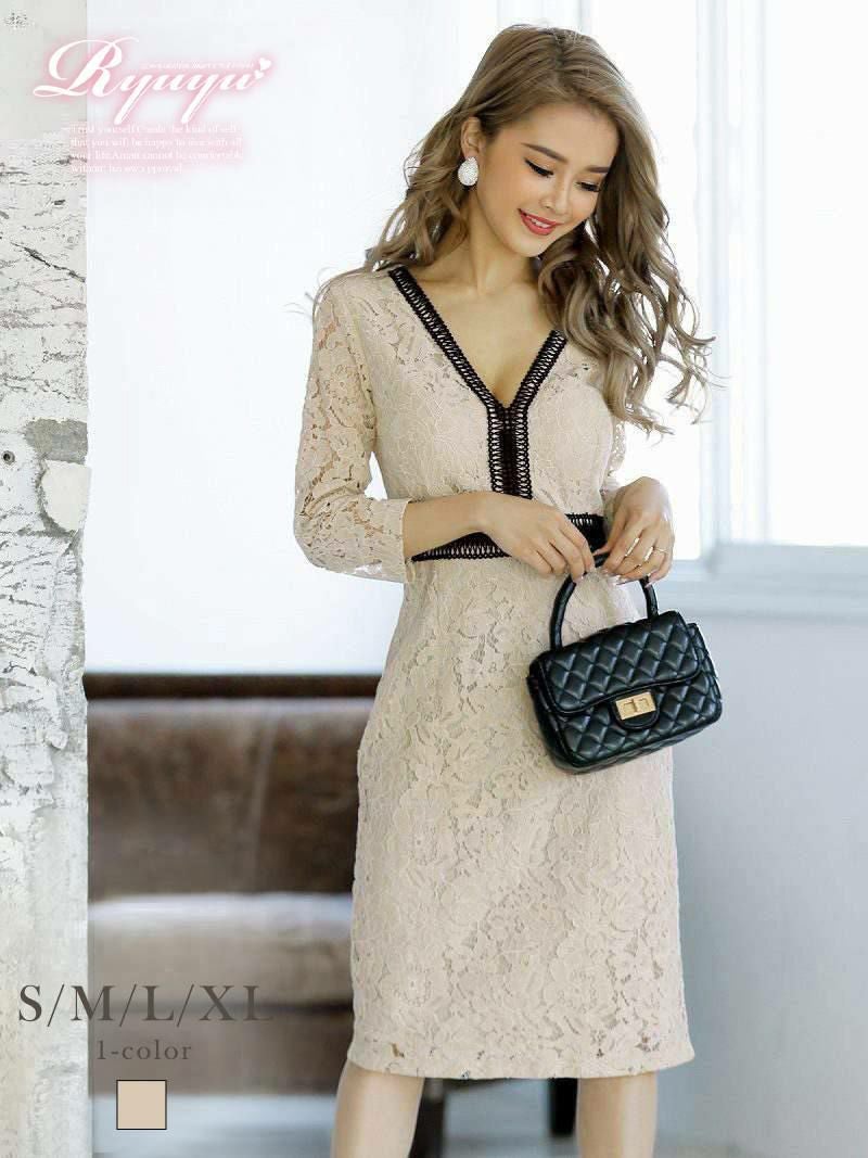 七分袖Vカット総レースミニドレス かとみか 着用キャバクラドレス【Ryuyu】(S/M/L/XL(2L))(ベージュ) ptpl