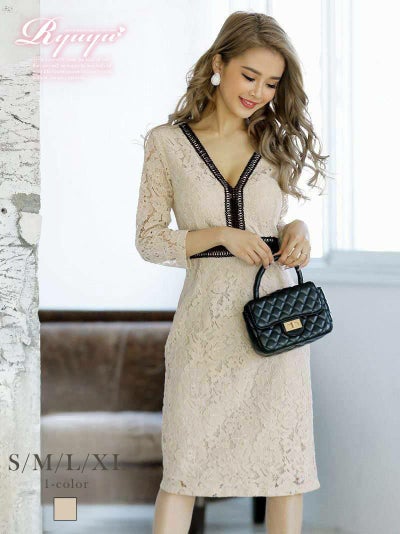 先行予約割¥6580→¥6250!※予約販売※七分袖Vカット総レースミニドレス かとみか 着用キャバクラドレス【Ryuyu】(S/M/L/XL(2L))(ベージュ)?ptpl