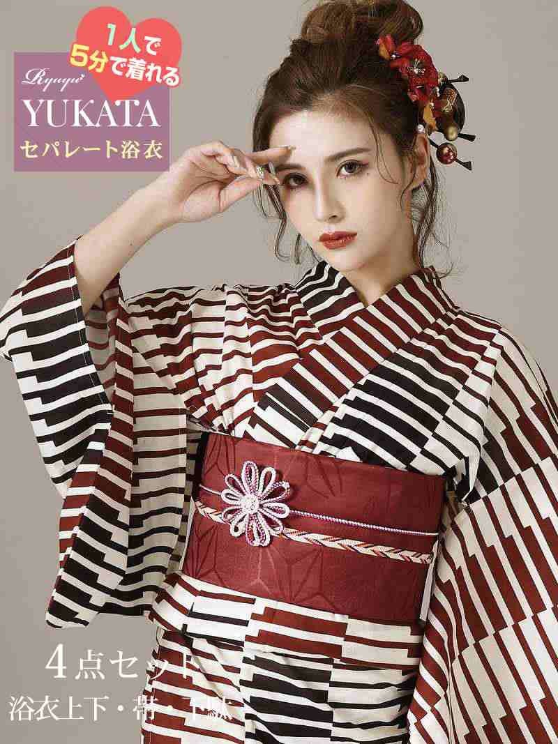 浴衣 二部式浴衣4点セット!!大正ロマン縦縞模様【Ryuyu】シックで大人かわいい古典柄セパレートゆかた(フリーサイズ)(アイボリー)