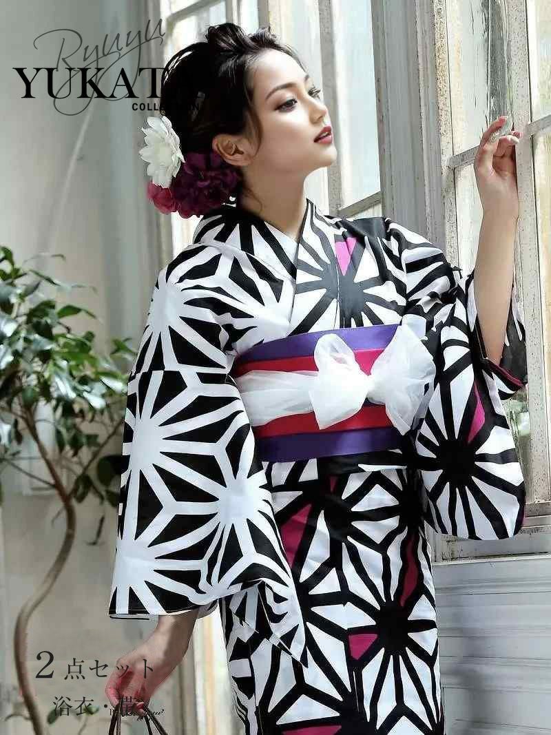 浴衣 麻の葉柄レトロモダン半身柄浴衣2点セット【Ryuyu】