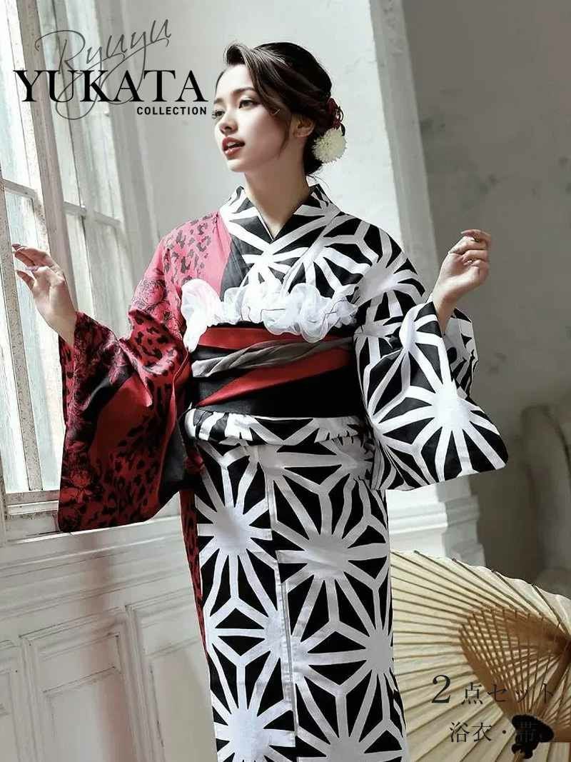 浴衣 半身柄レオパード×リーフ柄レディース浴衣【Ryuyu】SNS映え◎な大人かっこいいゆかた(フリーサイズ)(レッド)