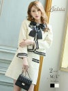 結婚式・お呼ばれに！【Belsia】ラメツイードノーカラーキャバスーツ 加賀美早紀 着用スーツ サテンリボンミニ丈パイピングセットアップ 式スーツ/フォーマルスーツにも◎【ベルシア】