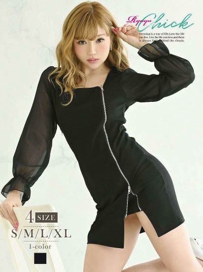 フロントジッパー袖付きキャバワンピース【RyuyuChick】(S/M/L/XL(2L))(ブラック)