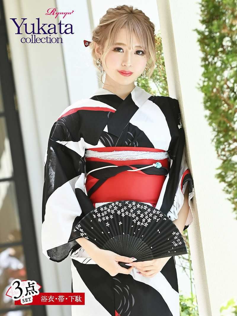 浴衣 お洒落波紋柄モノクロデザイン浴衣 ゆずは 着用レディースゆかた3点セット(フリーサイズ)(ホワイト×ネイビー)